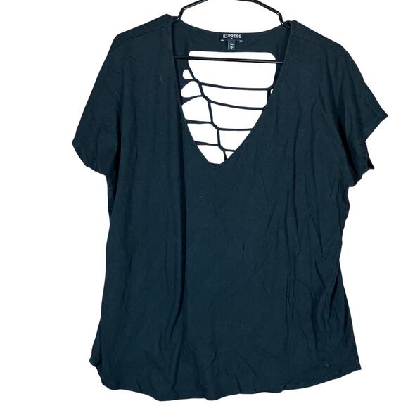 Express Womens Shirt Black Open Criss Cross Back Short Sleeve Stretch Medium - Picture 1 of 12